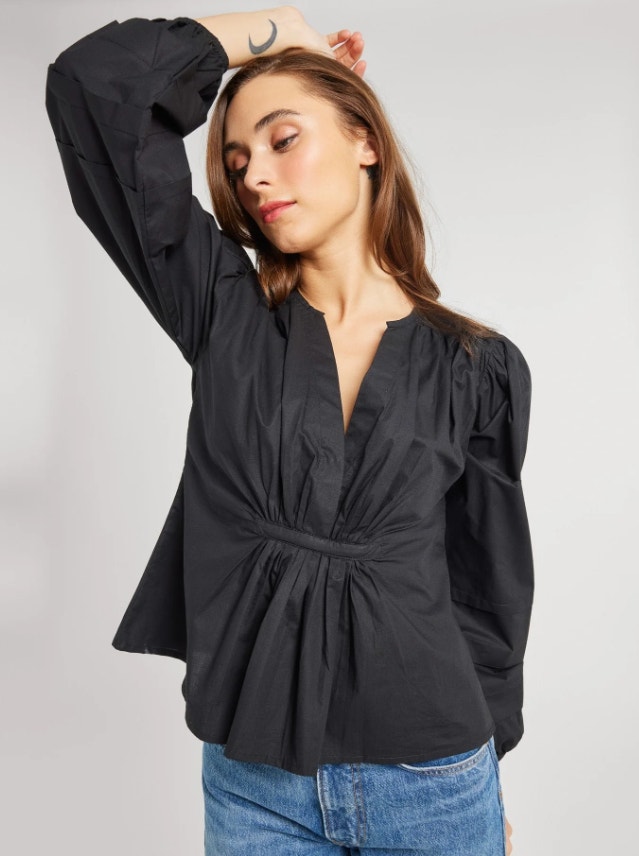 Mille Stevie Top Black Cotton Poplin Balloon Sleeve Blouse Women's S